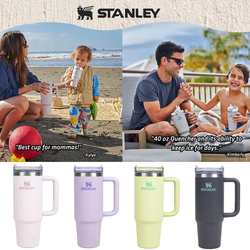 40oz Stanley Quencher H2.0 Tumbler With Handle Lids Stainless Steel Coffee Termos Cup Car Mugs Vacuum Cup Outdoor Sports