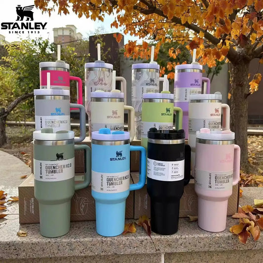 40oz Stanley Quencher H2.0 Tumbler With Handle Lids Stainless Steel Coffee Termos Cup Car Mugs Vacuum Cup Outdoor Sports